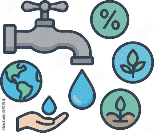 Flat vector faucet dripping water with eco-saving icons around, water conservation concept, isolated on white