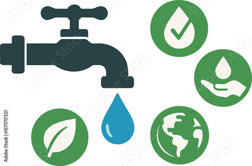 Flat vector faucet dripping water with eco-saving icons around, water conservation concept, isolated on white