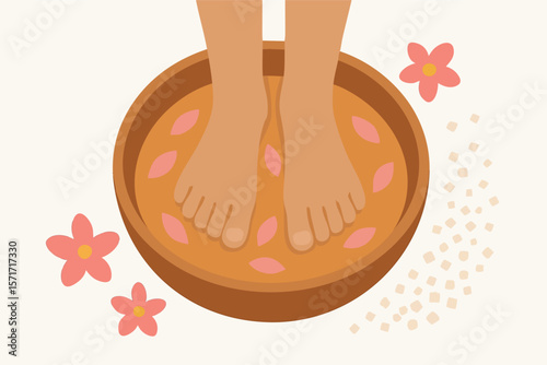 Flat vector feet soaking in wooden bowl with flower petals and bath salt around, isolated on white