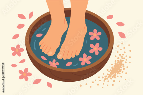 Flat vector feet soaking in wooden bowl with flower petals and bath salt around, isolated on white