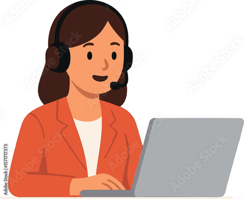 Flat vector female customer support agent with headset at computer, communication worker, isolated on white