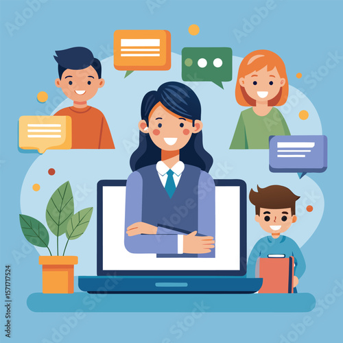 Online meeting concept with people communicating via laptop screen in a modern flat illustration style