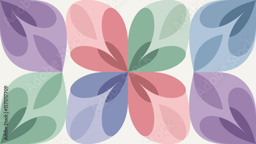 Abstract floral pattern with overlapping petals in pastel colors on white background