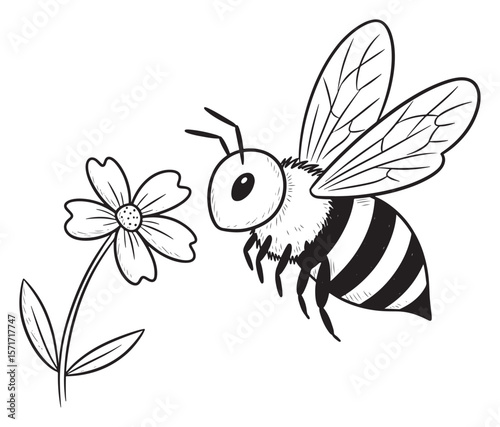 Cute Hand-Drawn Illustration of a Bee Approaching a Flower