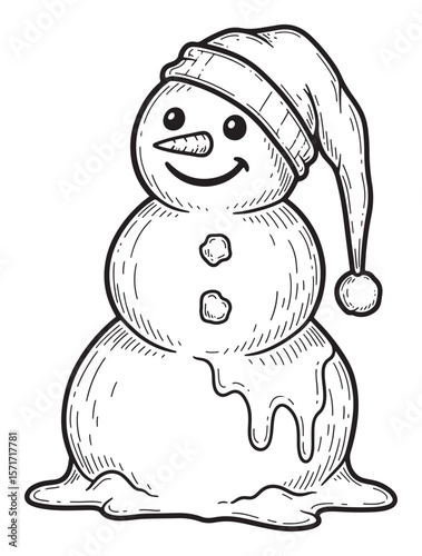 Melting Snowman with Toque: Hand-Drawn Black and White Illustration