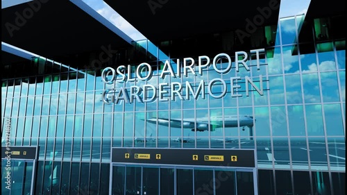 Airlane landing at Oslo Airport Gardermoen. Arrival in the city with reflection of airport