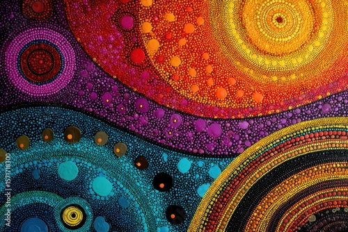 Exploration of vibrant colors in abstract Australian Aboriginal art featuring circular designs and intricate patterns