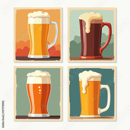 Vintage beer posters on wall wigth various beer mugs with frothy heads in colorful backgrounds  