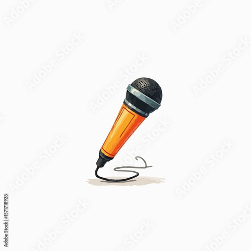 Toy microphone with orange handle and black head on white background  