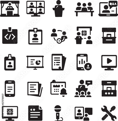 Collection of modern flat icons representing various aspects of conferences events and business meetings including presentations networking and technology