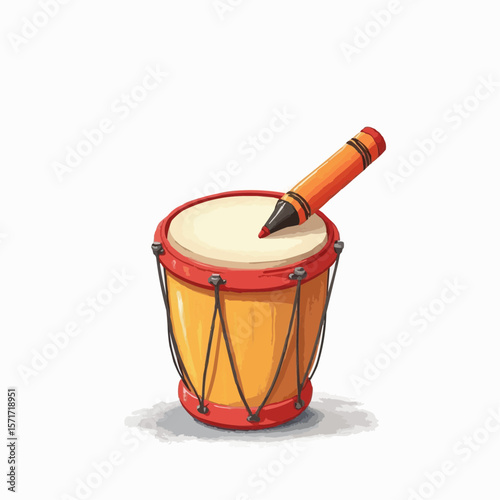 Colorful toy drum with orange crayon resting on top on white background  