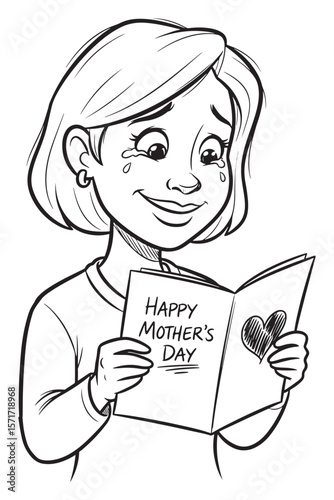 Cartoon of a Smiling Mom with Tears Reading a Mother's Day Card