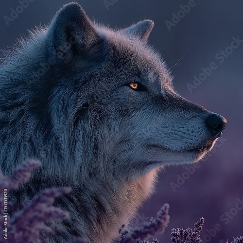 Majestic wolf in lavender field at sunset