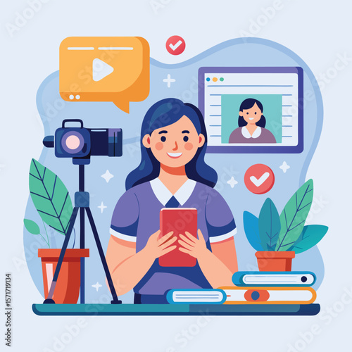 Smiling woman streaming live video content using camera and tablet in modern flat design
