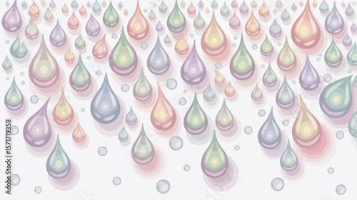 A gentle cascade of pastel water droplets on a soft white gradient background