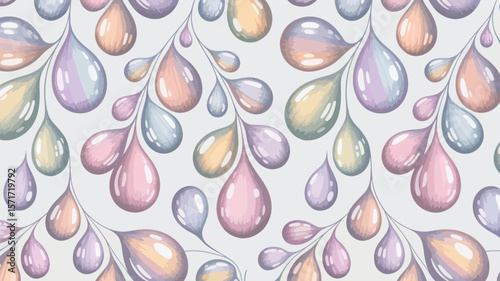 A seamless pattern featuring colorful teardrop shapes on a light gray background