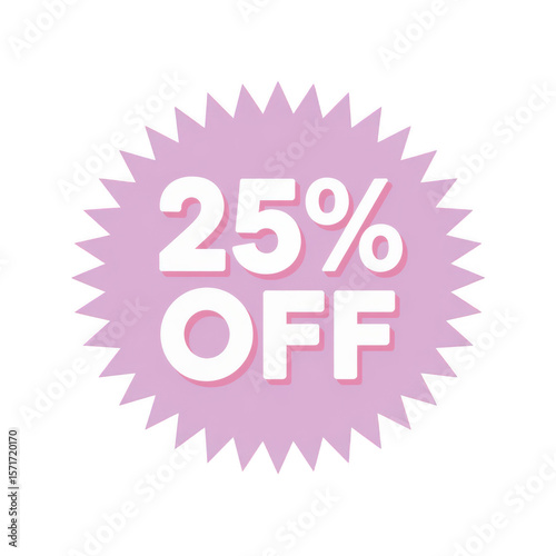 Pink starburst badge announcing twenty five percent off isolated on transparent background