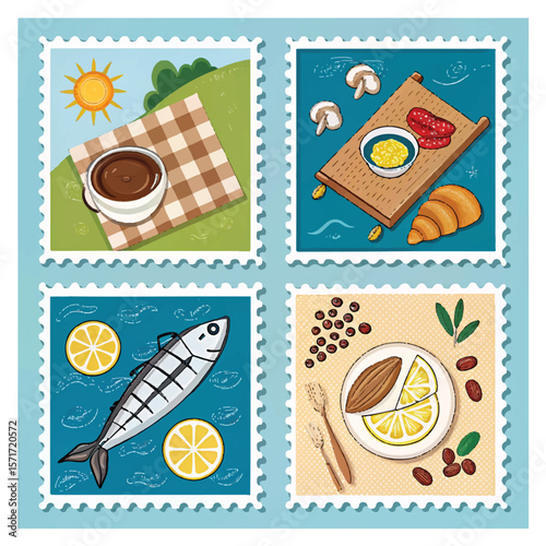 Italian and French summer Mediterranean postage stamps. Vector illustration of coffee, picnic, canned sardine, croissant, coffee beans, fish, lemon, pasta, shell, barbecue, cameo pattern, blue