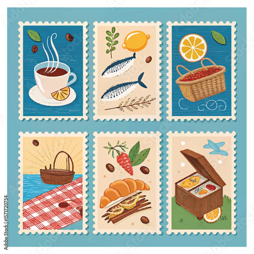 Italian and French summer Mediterranean postage stamps. Vector illustration of coffee, picnic, canned sardine, croissant, coffee beans, fish, lemon, pasta, shell, barbecue, cameo pattern, blue