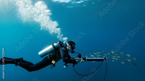 Underwater spear fisherman hunting in the deep blue sea with school of fish
