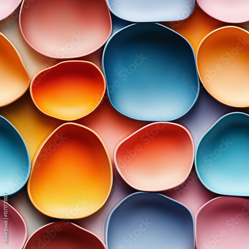 Wallpaper Mural A vibrant collection of colorful, irregularly shaped bowls creates a visually appealing mosaic, seamless pattern. Torontodigital.ca