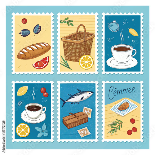 Italian and French summer Mediterranean postage stamps. Vector illustration of coffee, picnic, canned sardine, croissant, coffee beans, fish, lemon, pasta, shell, barbecue, cameo pattern, blue