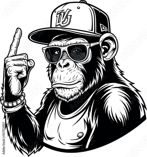 Cool chimpanzee in sunglasses and baseball cap pointing finger up, black and white vector illustration.