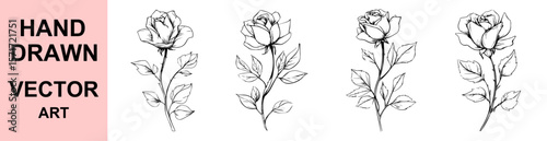 Hand drawn black and white rose flower vector sketch with leaves, elegant botanical floral design for tattoos, prints, stickers, crafts, romantic vintage projects