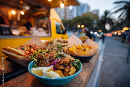 Delicious street food bowls with grilled chicken, fresh greens, fries, and pita bread served from a vibrant yellow food truck in an urban setting