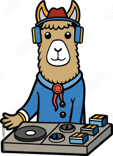 Cartoon Llama DJ Mixing Music with Headphones and Hat Isolated on White Background Animal Illustration