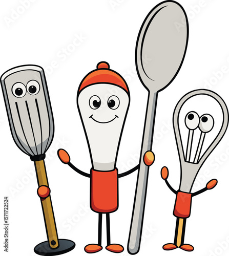 Cartoon Kitchen Utensils Spatula Basting Brush Spoon and Whisk Standing Together with Happy Faces and Arms