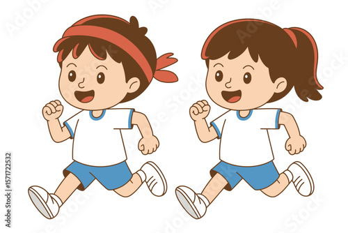 Joyful Run: Two cheerful children, a boy and a girl, energetically run together, showcasing the spirit of playful exercise and youthful vitality.