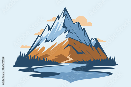 Majestic Mountain Landscape: A stylized illustration showcasing a mountain, with its peaks piercing the sky, a serene lake reflecting the natural grandeur, and a trail that invites exploration.