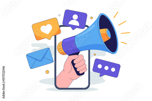 Digital Marketing Announcement: A hand emerges from a smartphone screen, gripping a megaphone that blasts out an announcement amid a flurry of notifications, email, likes, and chat bubbles.