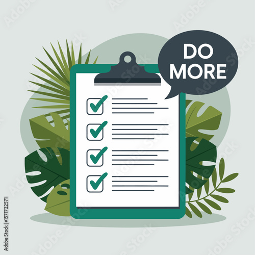 Checklist with Tropical Leaves: Motivational illustration featuring a clipboard with a checklist, marked with checkmarks, surrounded by vibrant tropical leaves.