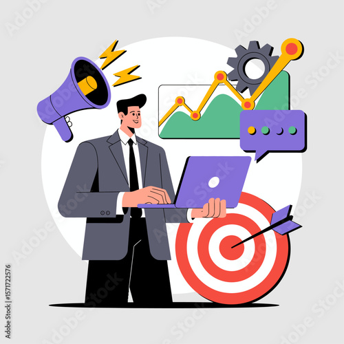 Businessman Achieving Goals: A stylized illustration of a businessman using a laptop, surrounded by icons representing marketing, growth, and target achievement.