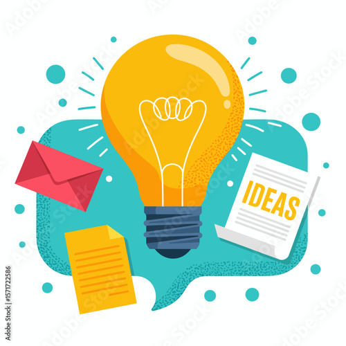 Illuminate Innovation: A vibrant depiction of the power of ideas, creativity, and communication through a glowing lightbulb with accompanying notes and an envelope.