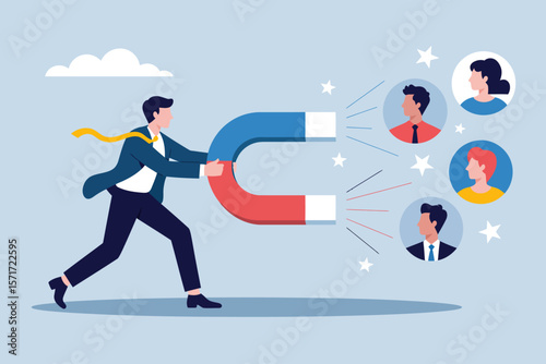 Attracting Talents with Magnetic Appeal: A professional wields a giant horseshoe magnet, metaphorically attracting potential employees, symbolizing the power of recruitment.
