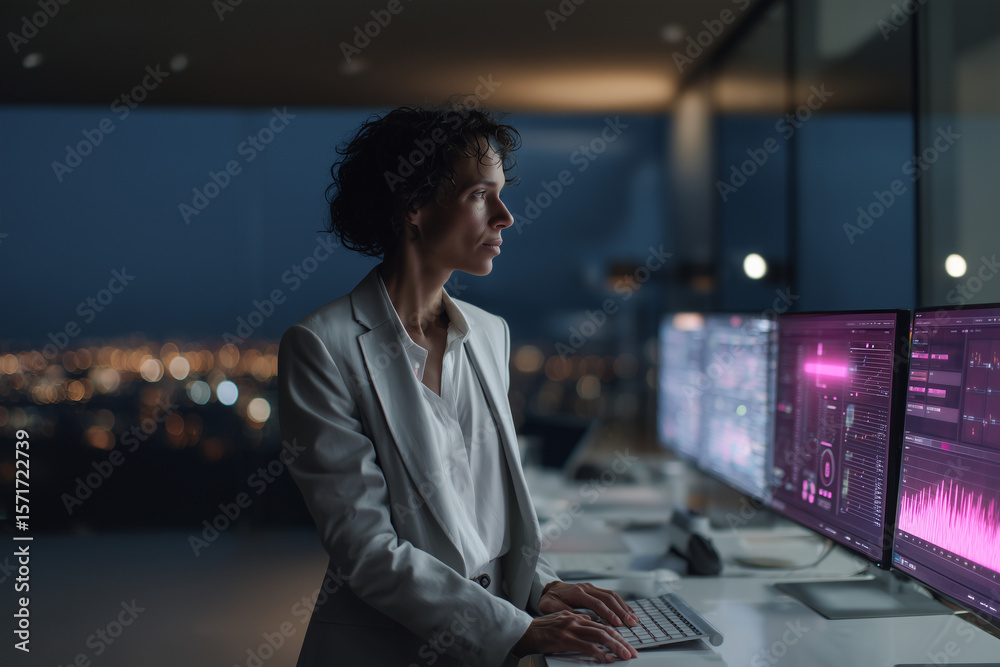 Fototapeta premium Focused businesswoman analyzing data on multiple monitors in a modern office with city lights at night