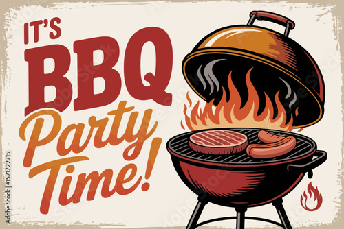 BBQ Party Invitation: Vibrant illustration captures the essence of a lively BBQ party, with a sizzling grill inviting guests to enjoy food, fun, and camaraderie.