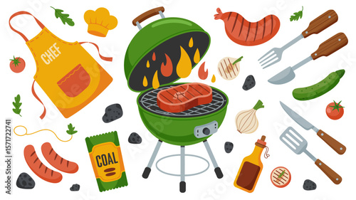 Culinary Feast: A vibrant collection of grilling essentials, perfect for a summertime cookout. Featuring a grill with sizzling steak, an apron, and an array of delicious foods.