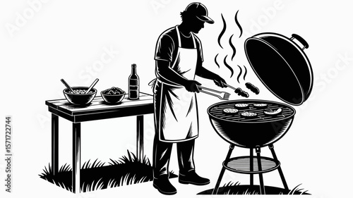 Barbecue Silhouette: A skilled individual in a cook's apron tends to a grilling session, expertly flipping savory meats over a charcoal grill, with delicious aroma.