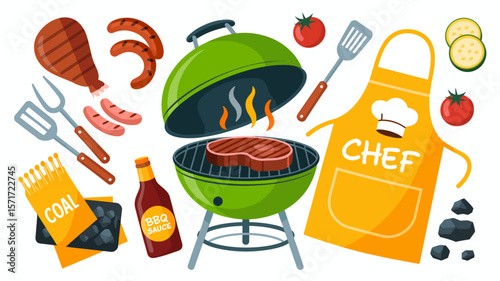 BBQ Celebration: An array of barbecue elements, from a grilling apparatus with food to culinary essentials, captures the joy of a cookout.