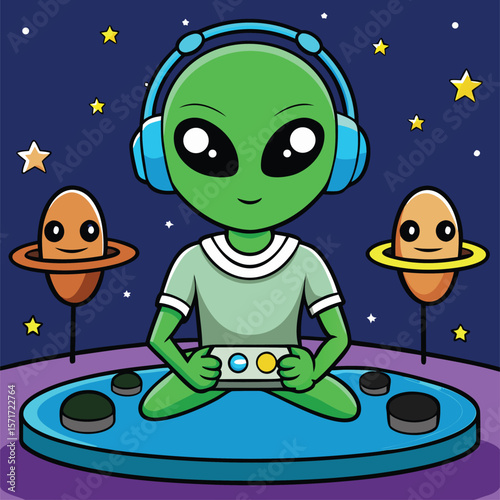 Cartoon Alien Gamer Wearing Headphones Playing Video Games with Planets and Stars in the Background Illustration