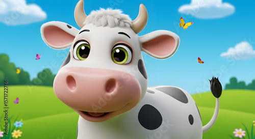 3d cow cartoon on green meadow and blue sky