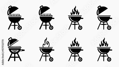 Summer BBQ icons: A collection of diverse icons representing a barbecue grill with varying lid positions and the presence of flames.