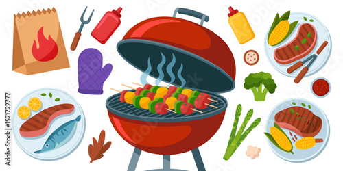 Barbecue Feast: A vibrant, mouth-watering illustration of a summer barbecue featuring grilled meats, vegetables, and essential grilling accessories.