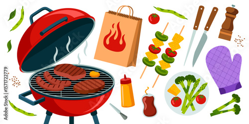BBQ Grill Party Essentials: A vibrant collection of barbecue essentials, including a red charcoal grill with sizzling steaks and sausages, alongside assorted vegetables, condiments.