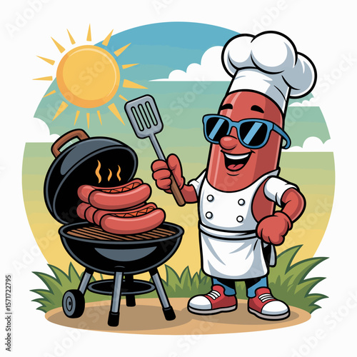 BBQ Cartoon Chef: A vibrant cartoon chef with an enticing display of juicy cooked sausage, stands proudly beside a barbecue grill, the bright sun beaming down a perfect grilling experience.