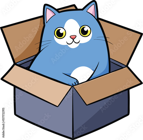 Cartoon Blue Cat Sitting Comfortably Inside a Cardboard Box with a Happy Expression on its Face